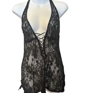 Victoria's Secret Black sheer teddie gown lingerie, size Med  Halter Neck Lace